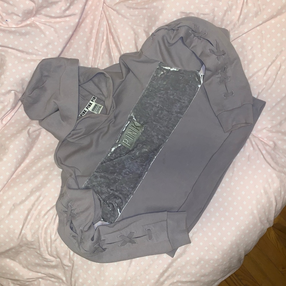 PINK Cropped Hoodie with Velour Detail